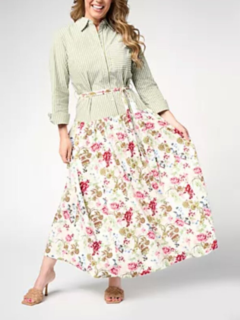 Studio Park x Rosina Grosso Printed Mixed Media Maxi Shirtdress Cottagecore